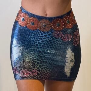 Blue Velvet Mini Skirt with Swarovski Rhinestones